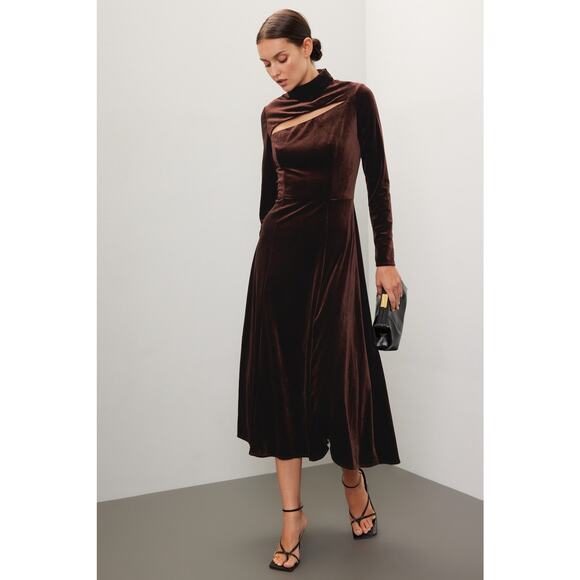 Rene Ruiz Dresses & Skirts - Rene Ruiz Brown Velvet Long Sleeve Cut Out Midi Cocktail Dress Size 0